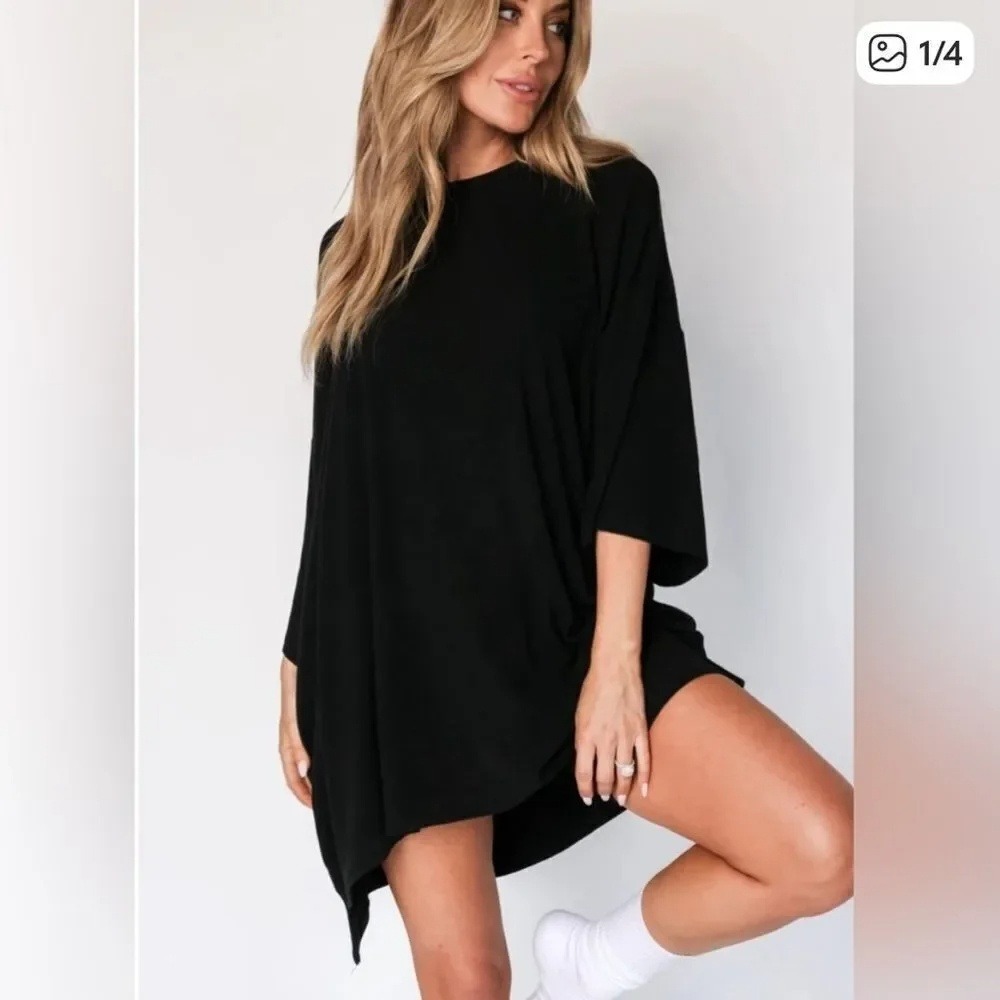 Foxy Kind Black Ribbed Oversized T-Shirt Dress All Weekend Long Pockets Womens M